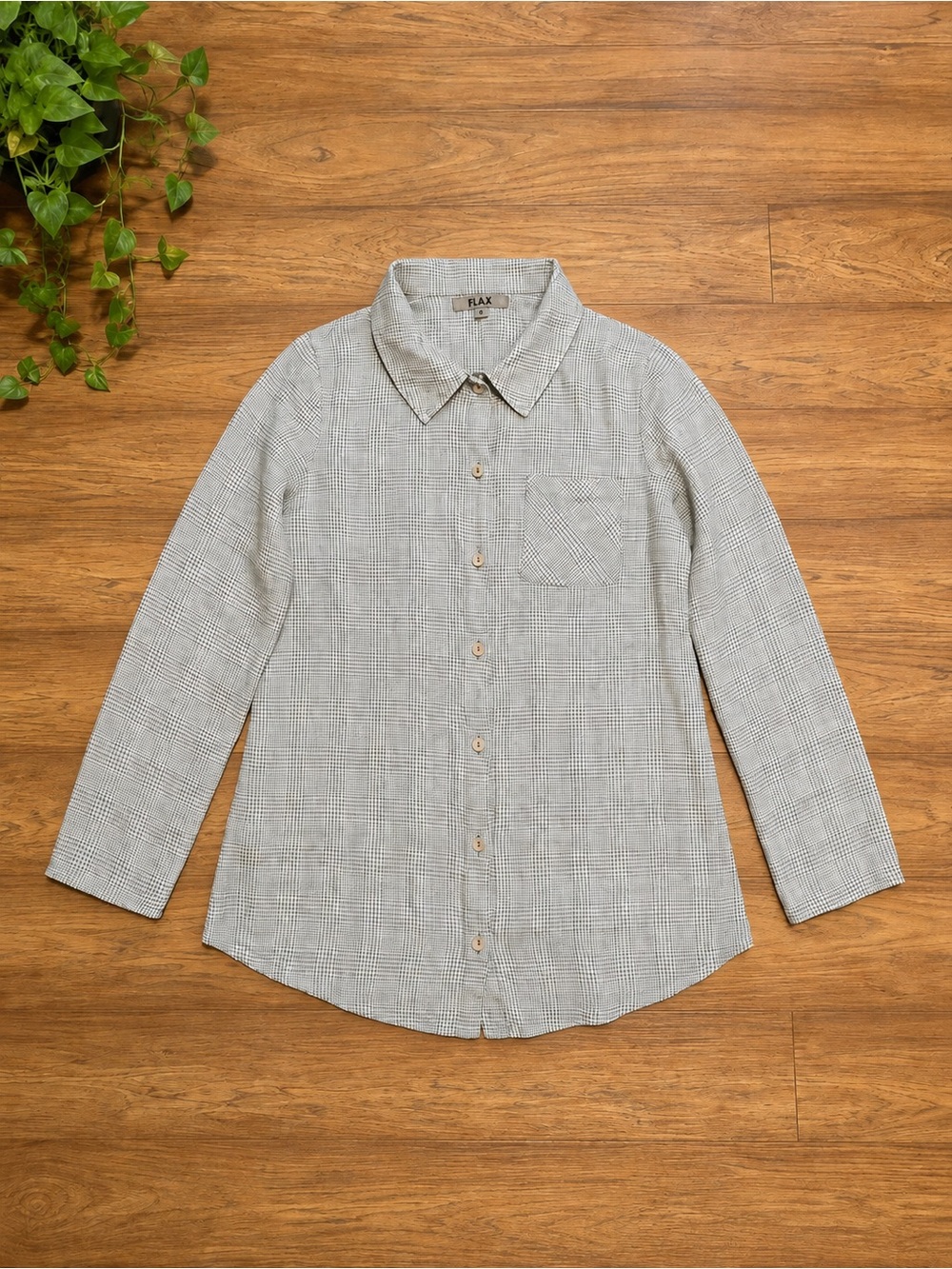 Flax 100% Linen Plaid Button-Down  Shirt in Gray Plaid